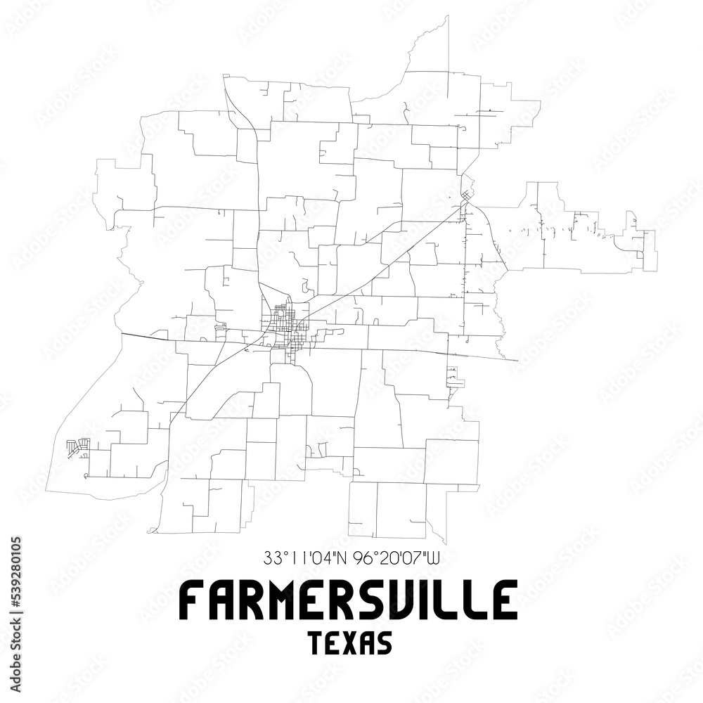 Farmersville Texas. US street map with black and white lines.