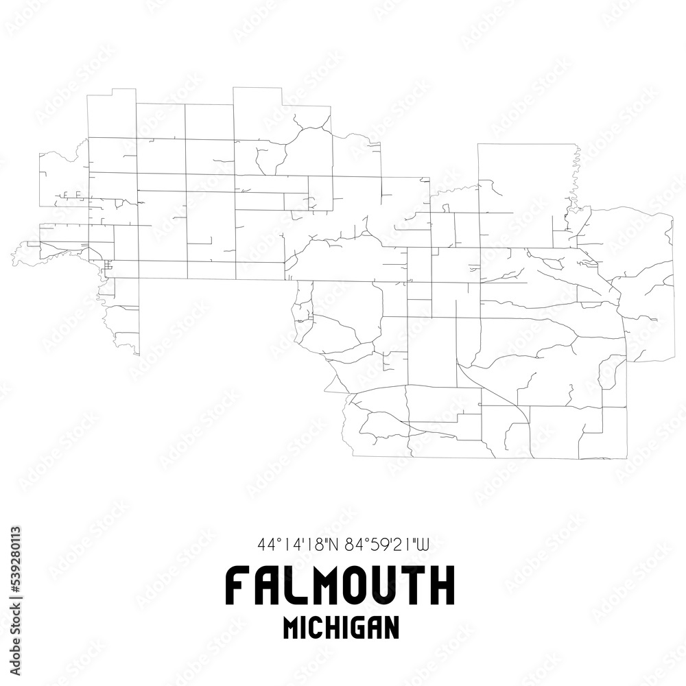 Falmouth Michigan. US street map with black and white lines.