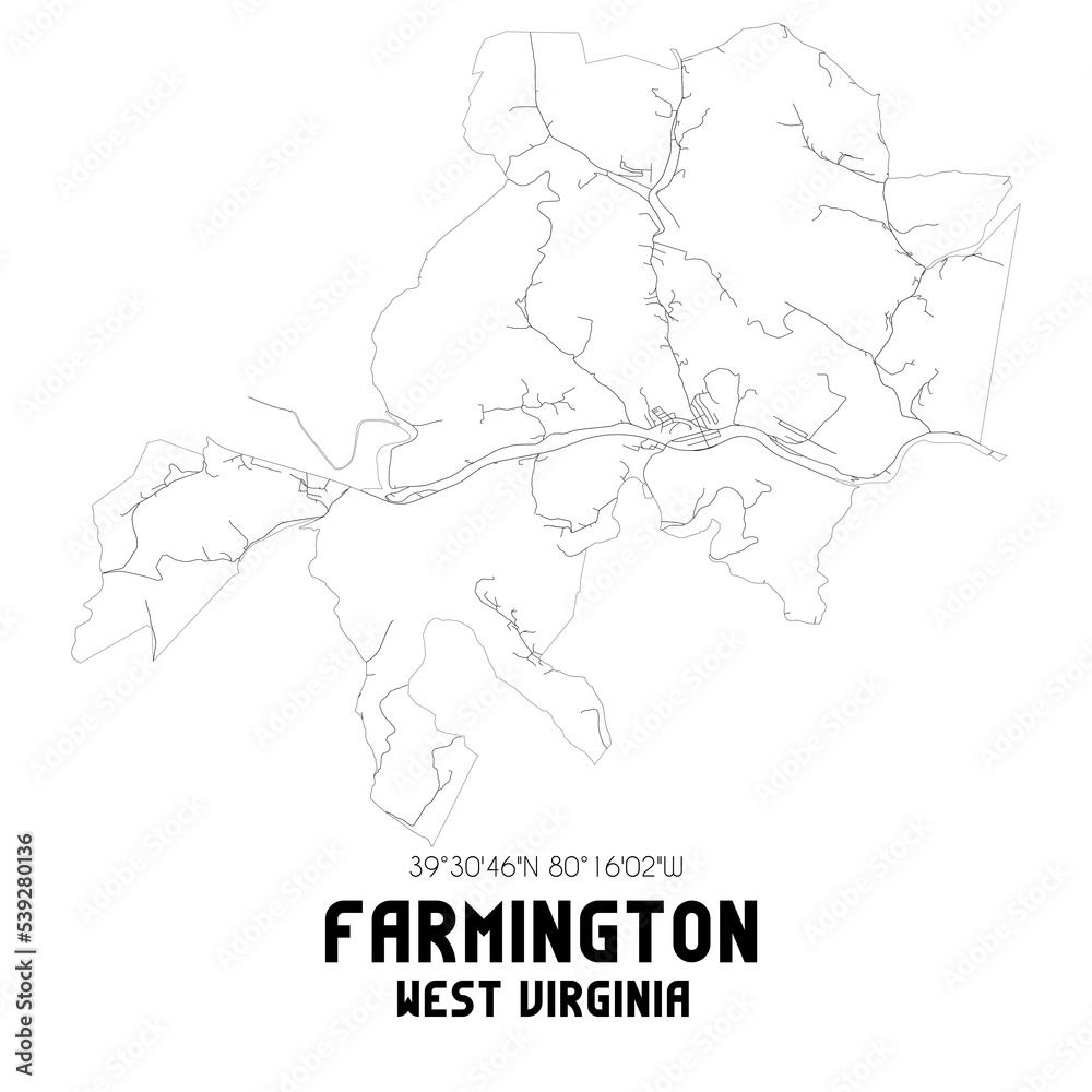 Farmington West Virginia. US street map with black and white lines.