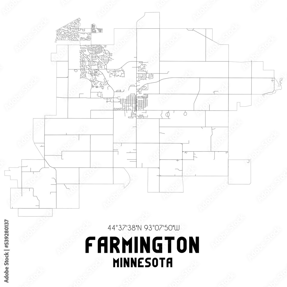 Farmington Minnesota. US street map with black and white lines.