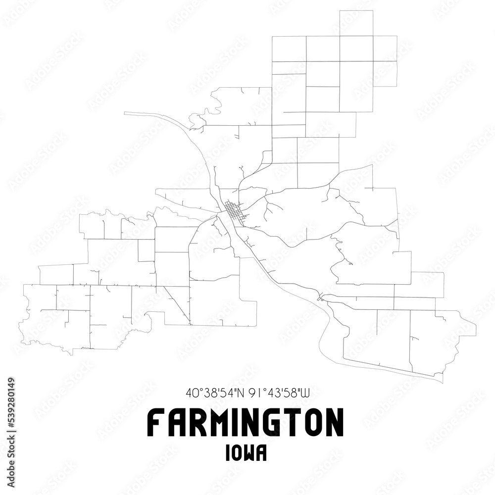 Farmington Iowa. US street map with black and white lines.