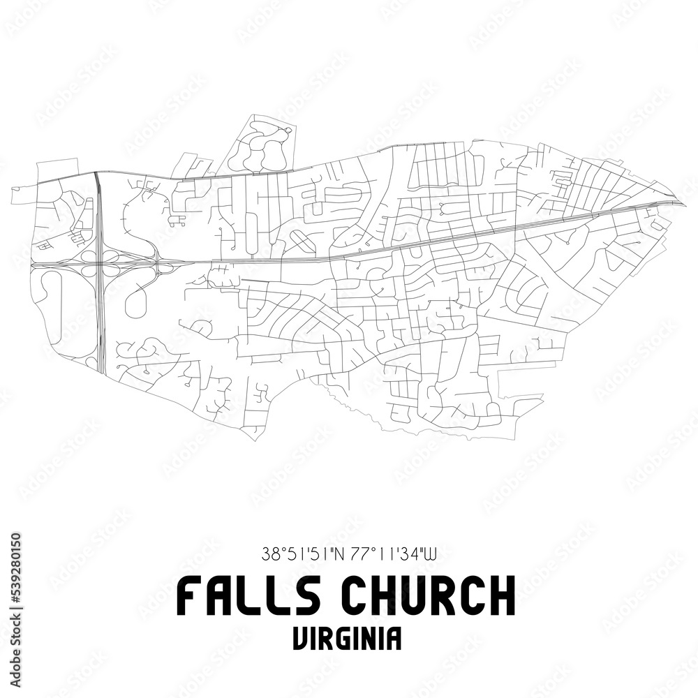 Falls Church Virginia. US street map with black and white lines.