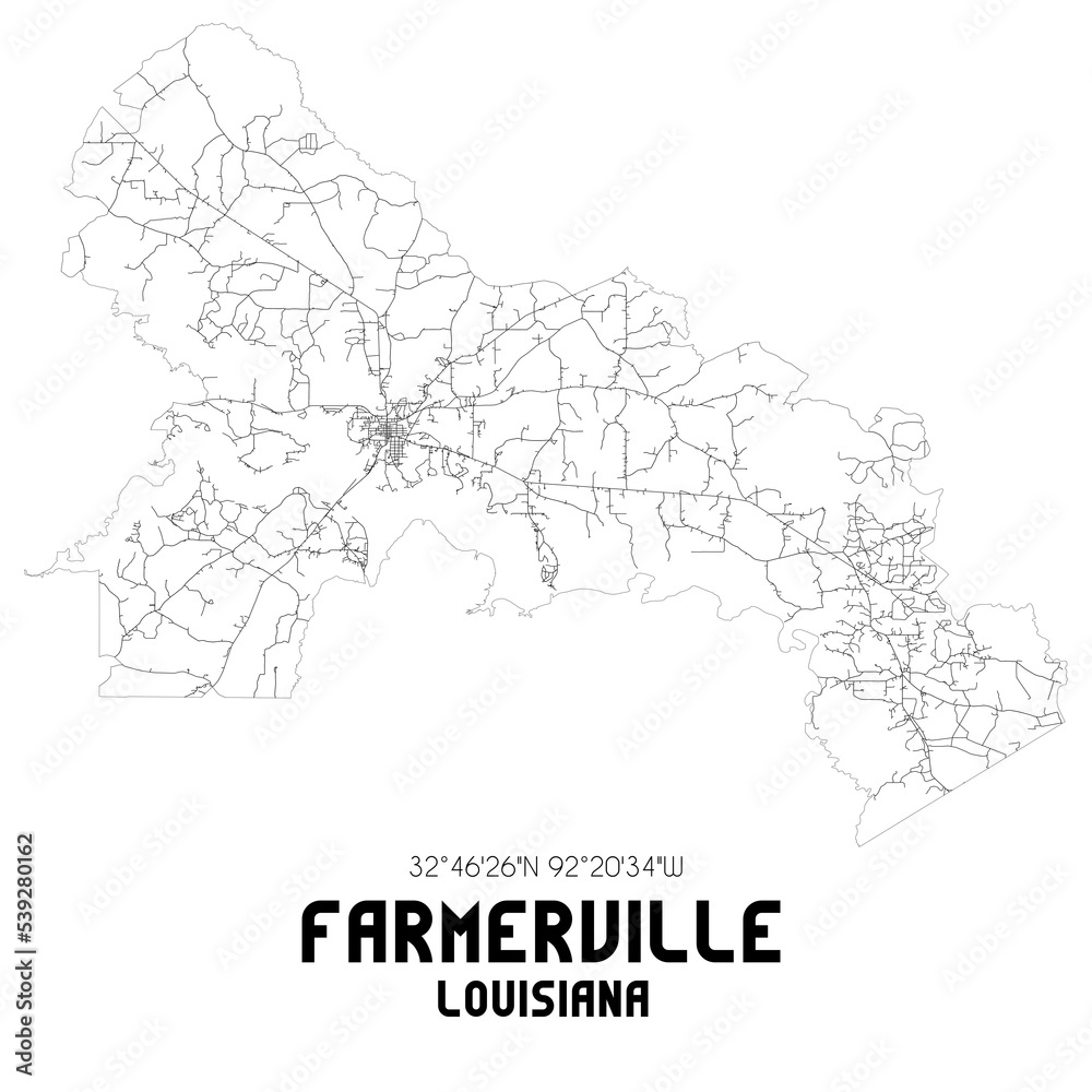 Farmerville Louisiana. US street map with black and white lines.