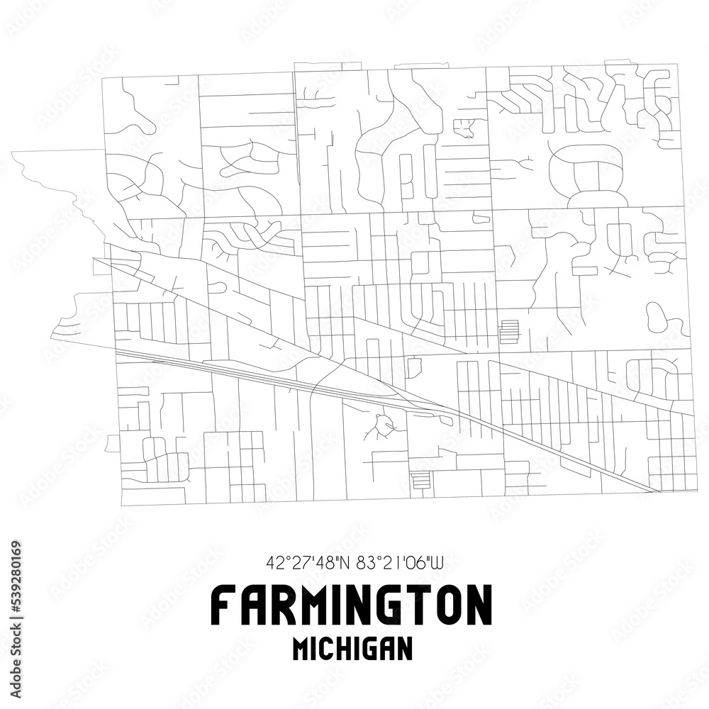 Farmington Michigan. US street map with black and white lines.