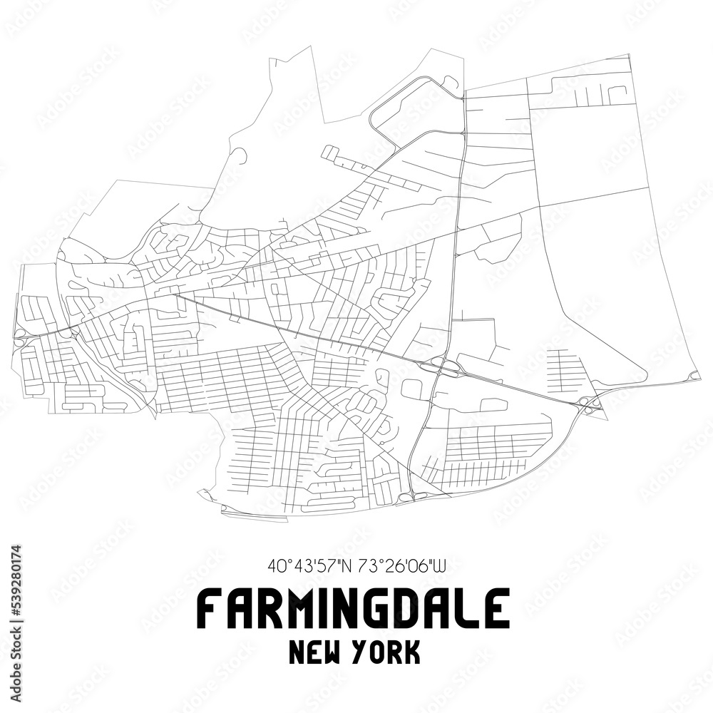 Farmingdale New York. US street map with black and white lines.