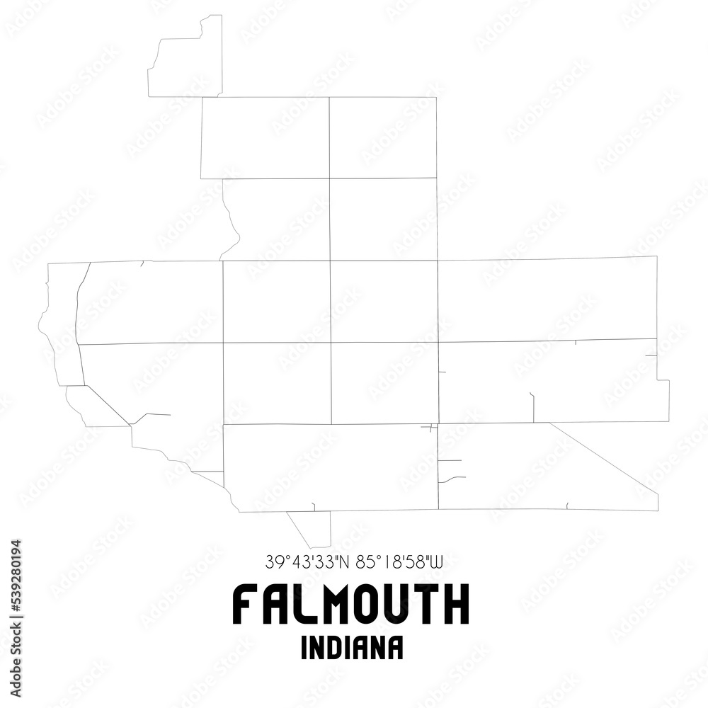 Falmouth Indiana. US street map with black and white lines.