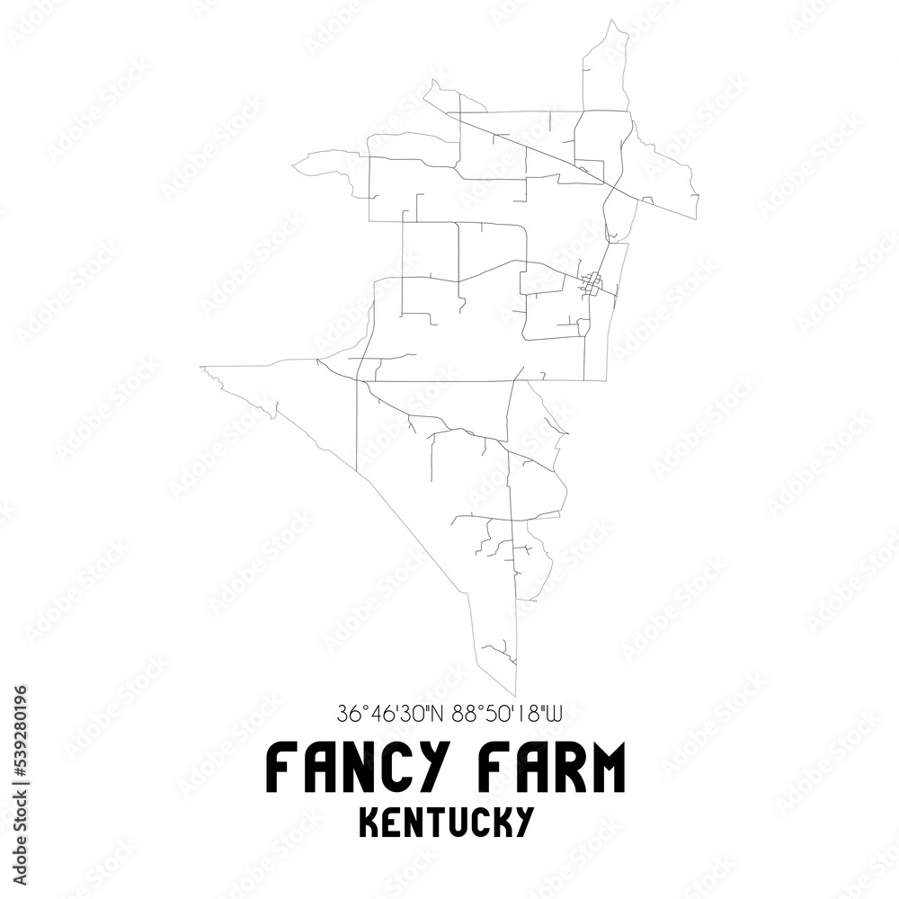 Fancy Farm Kentucky. US street map with black and white lines.