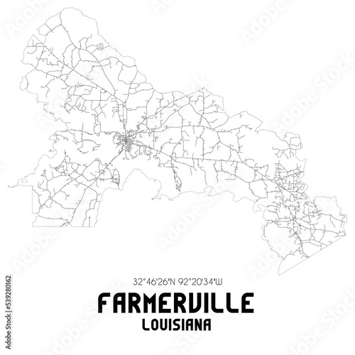 Farmerville Louisiana. US street map with black and white lines.