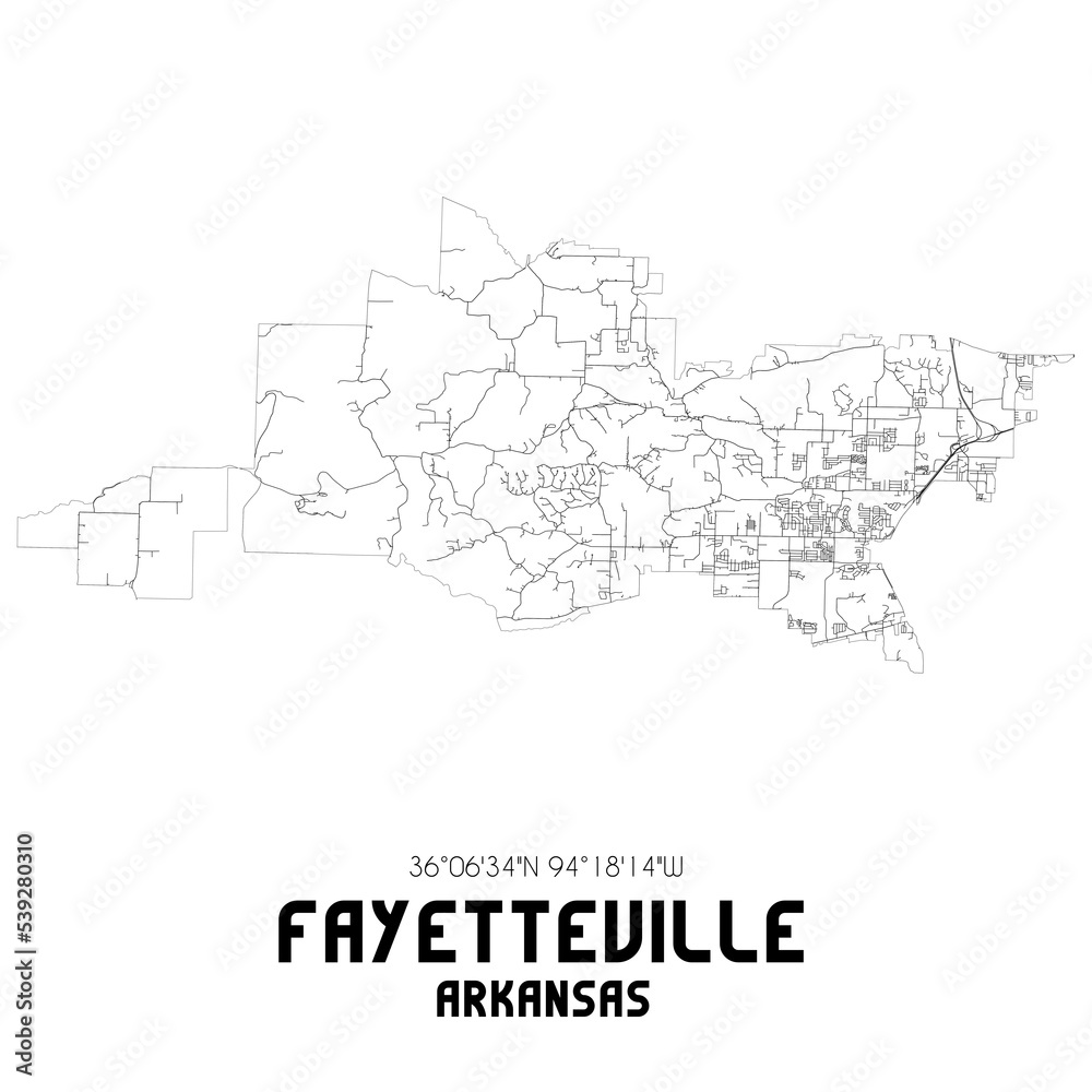 Fayetteville Arkansas. US street map with black and white lines.