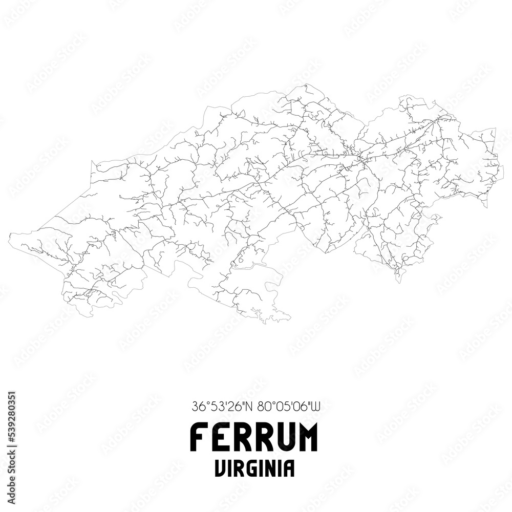 Ferrum Virginia. US street map with black and white lines.