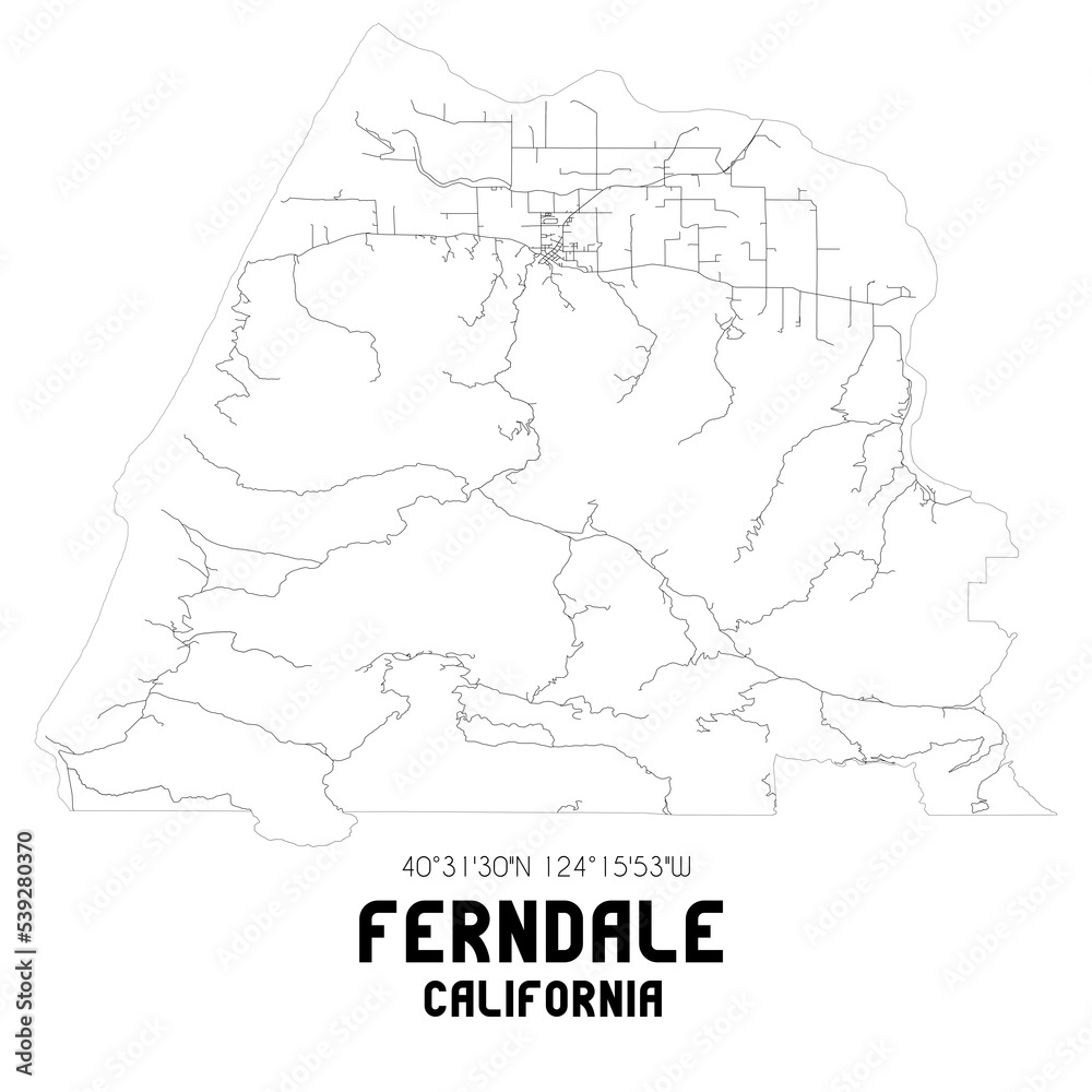 Ferndale California. US street map with black and white lines.
