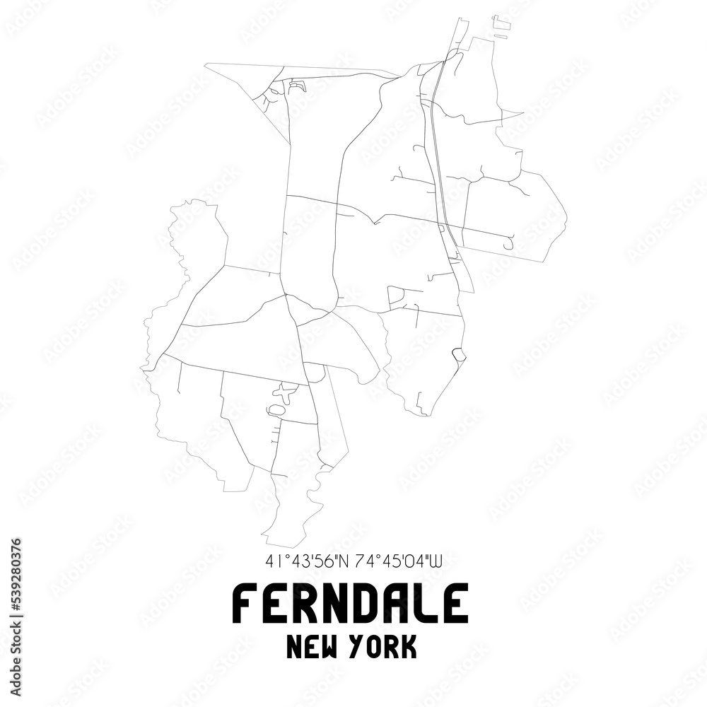 Ferndale New York. US street map with black and white lines.