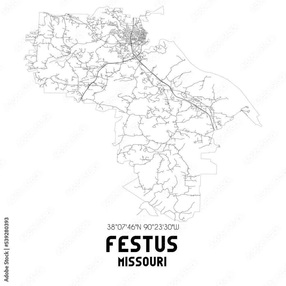 Festus Missouri. US street map with black and white lines.
