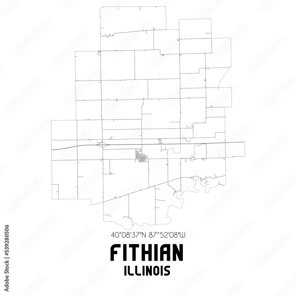 Fithian Illinois. US street map with black and white lines.