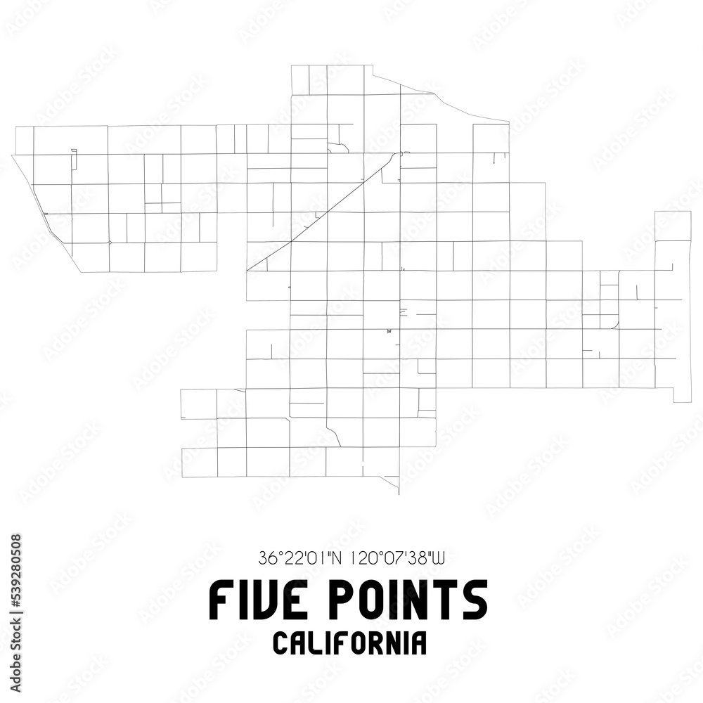 Five Points California. US street map with black and white lines. Five Points California. US street map with black and white lines.