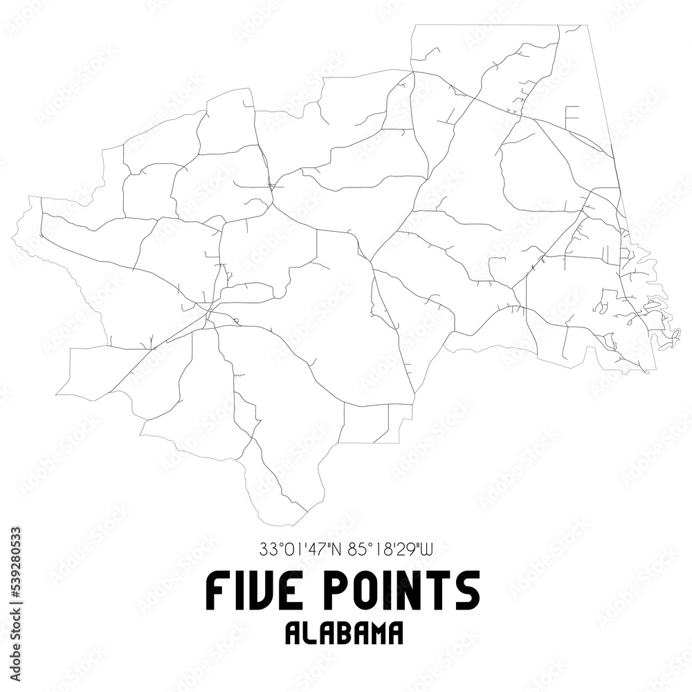 Five Points Alabama. US street map with black and white lines.