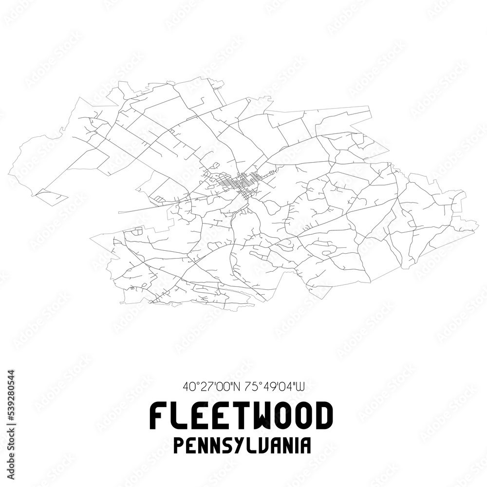 Fleetwood Pennsylvania. US street map with black and white lines.