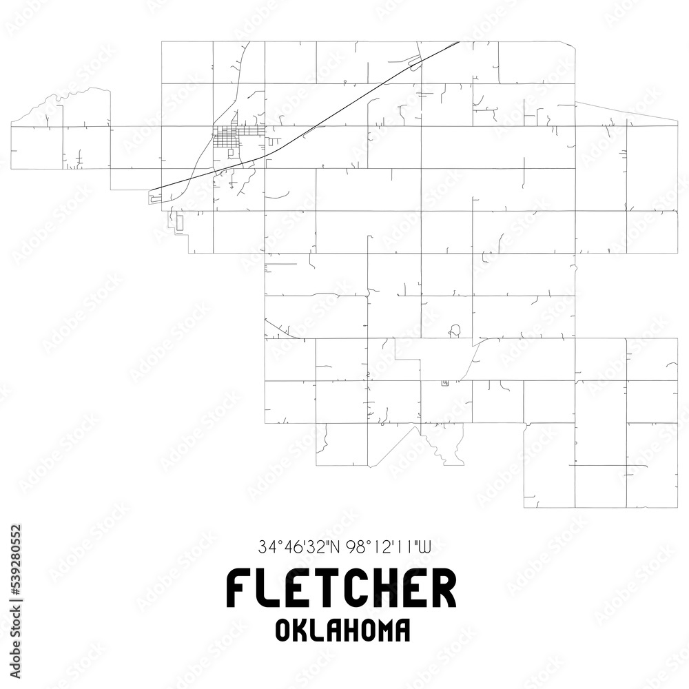 Fletcher Oklahoma. US street map with black and white lines.
