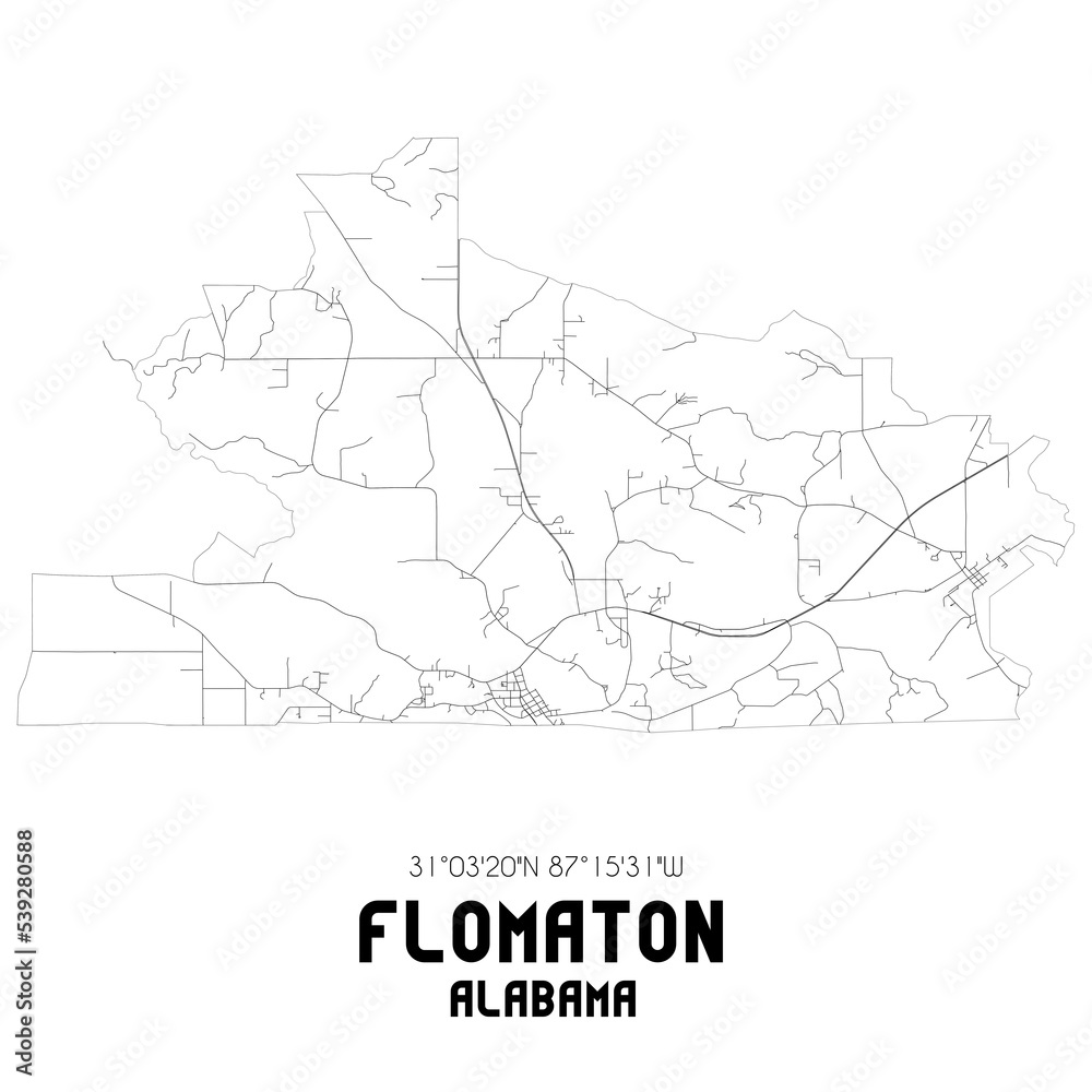 Flomaton Alabama. US street map with black and white lines.