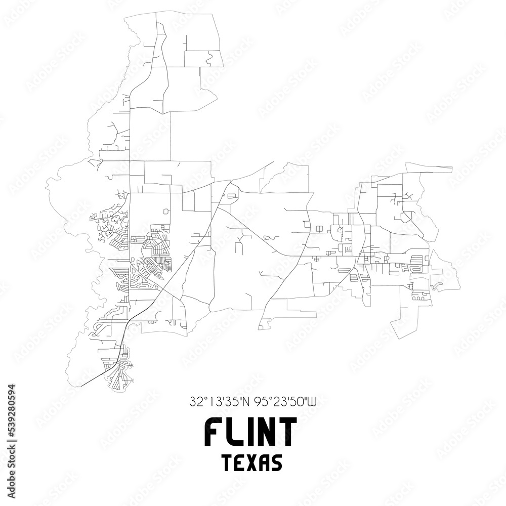 Flint Texas. US street map with black and white lines.