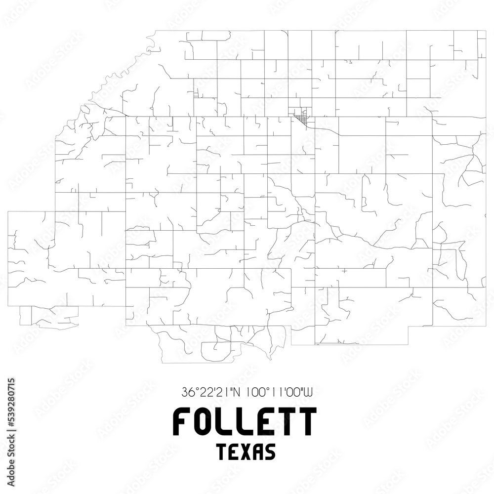 Follett Texas. US street map with black and white lines.