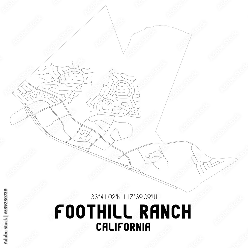 Foothill Ranch California. US street map with black and white lines.