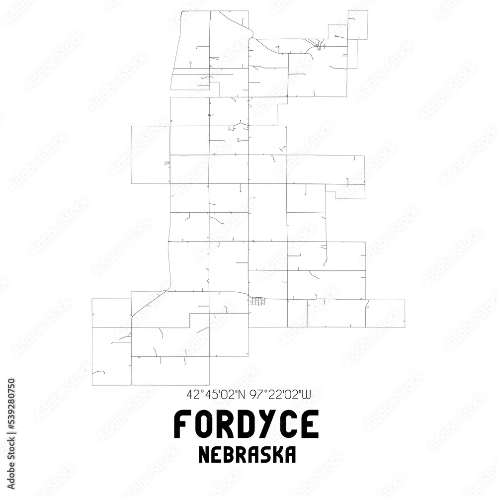 Fordyce Nebraska. US street map with black and white lines.