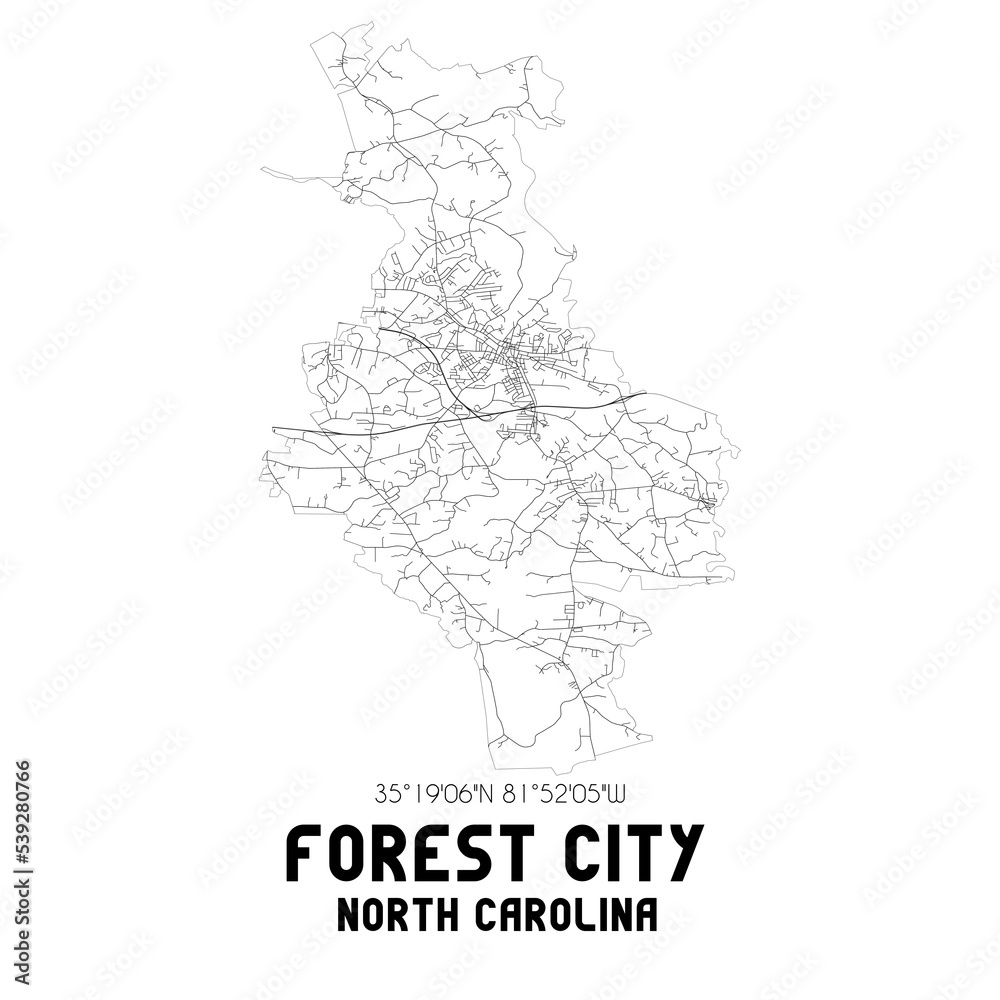 Forest City North Carolina. US street map with black and white lines.