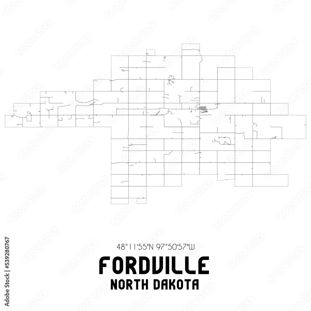 Fordville North Dakota. US street map with black and white lines.