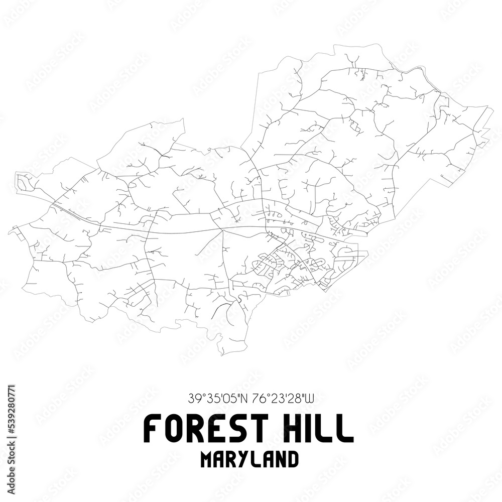 Forest Hill Maryland. US street map with black and white lines.