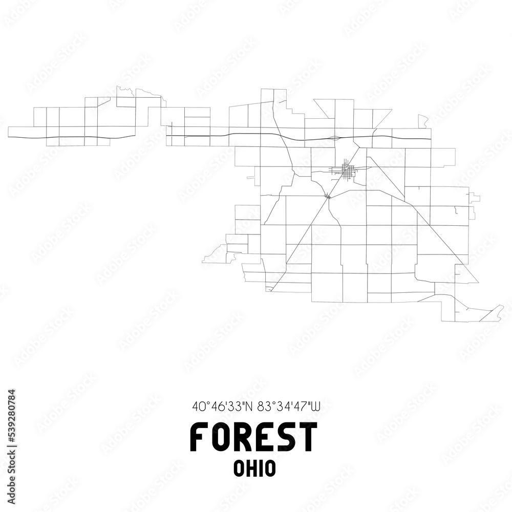 Forest Ohio. US street map with black and white lines.