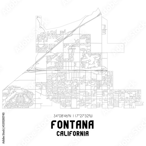 Fontana California. US street map with black and white lines.