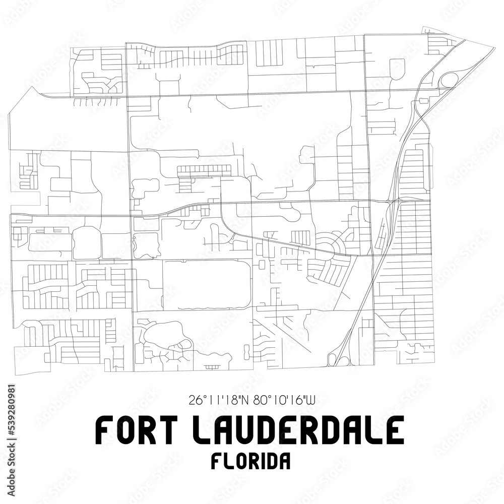 Fort Lauderdale Florida. US street map with black and white lines.