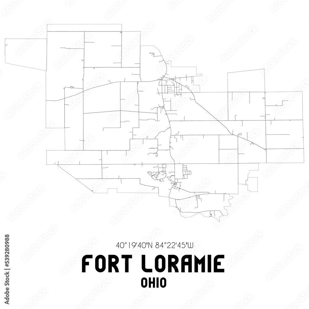 Fort Loramie Ohio. US street map with black and white lines.