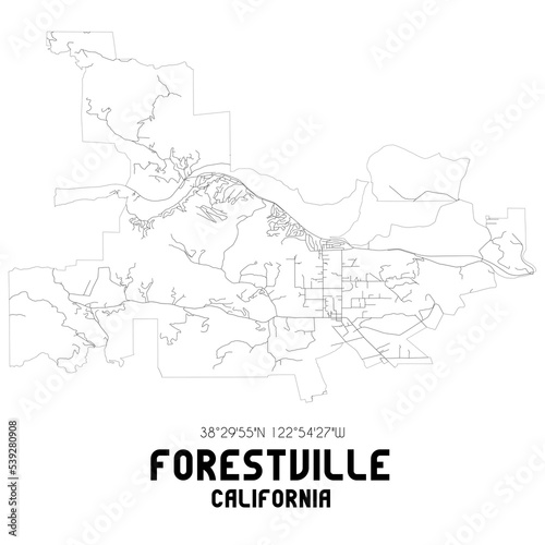 Forestville California. US street map with black and white lines.