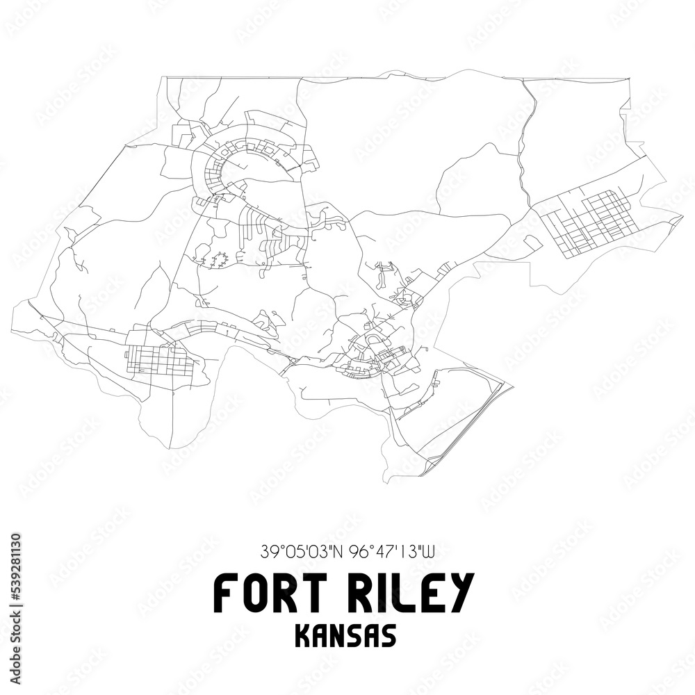 Fort Riley Kansas. US street map with black and white lines.