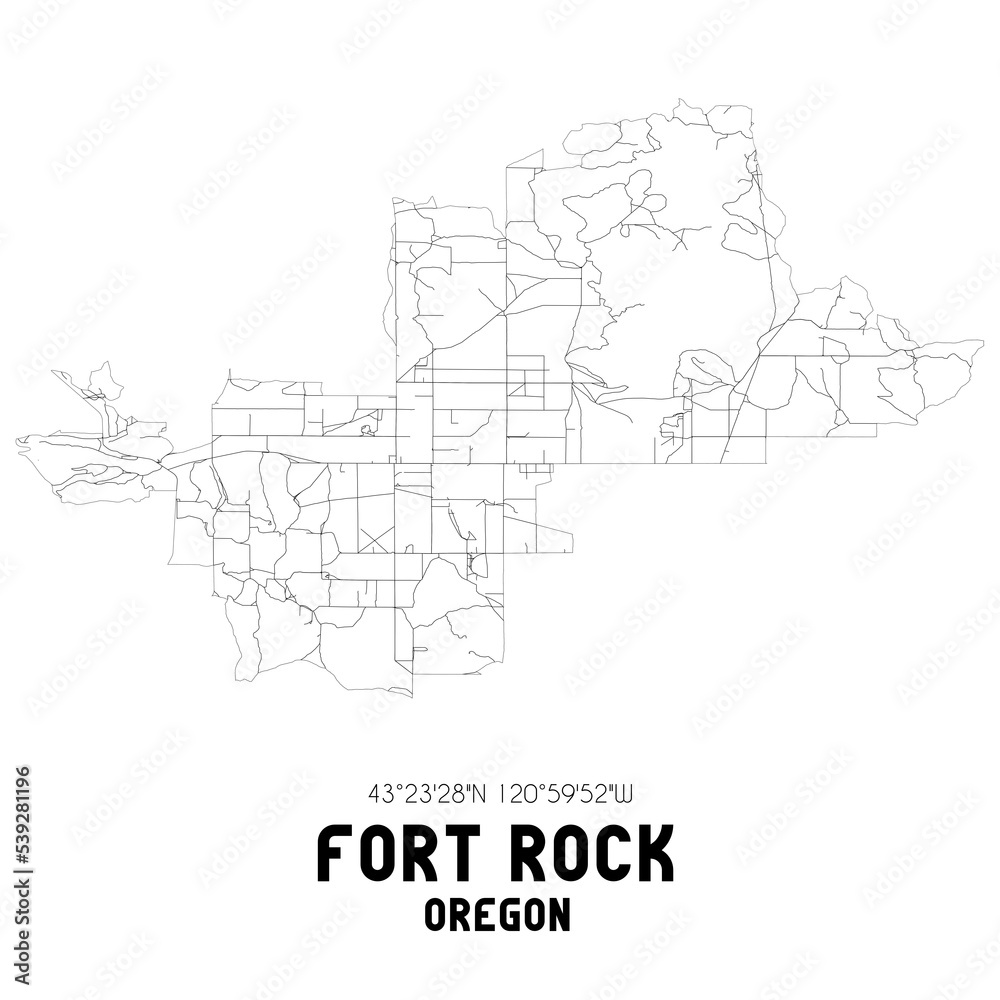 Fort Rock Oregon. US street map with black and white lines.