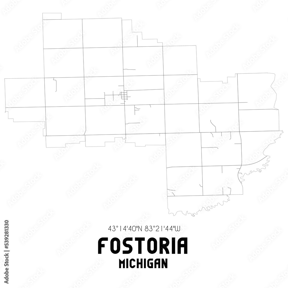Fostoria Michigan. US street map with black and white lines.