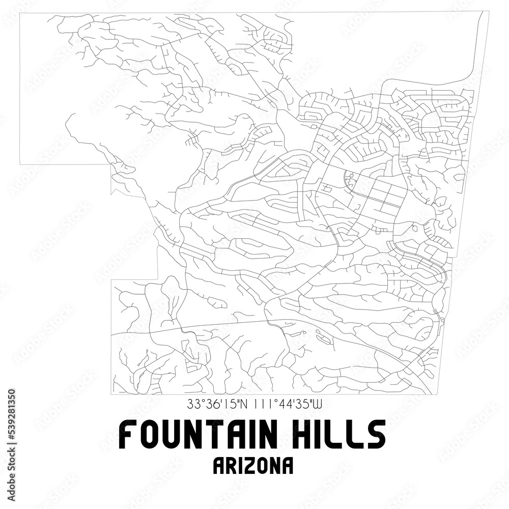 Fountain Hills Arizona. US street map with black and white lines.