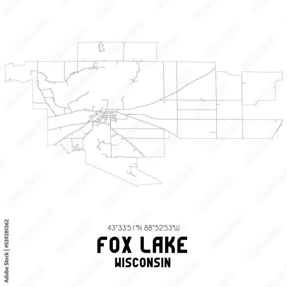 Fox Lake Wisconsin. US street map with black and white lines.
