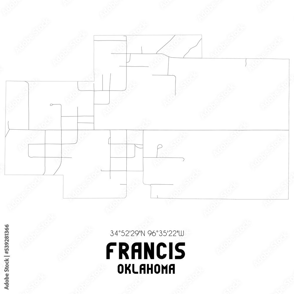 Francis Oklahoma. US street map with black and white lines.