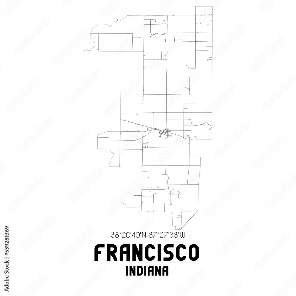 Francisco Indiana. US street map with black and white lines.