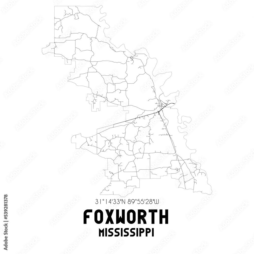 Foxworth Mississippi. US street map with black and white lines.