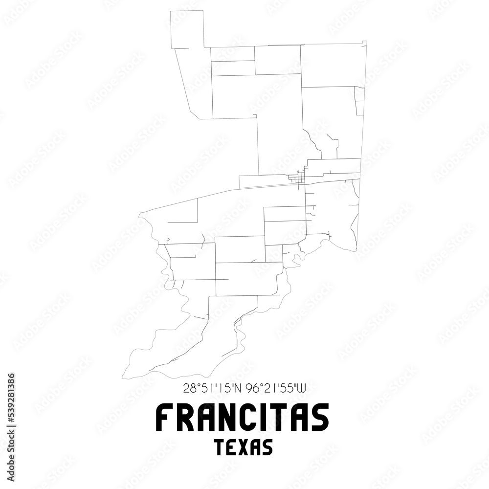 Francitas Texas. US street map with black and white lines.