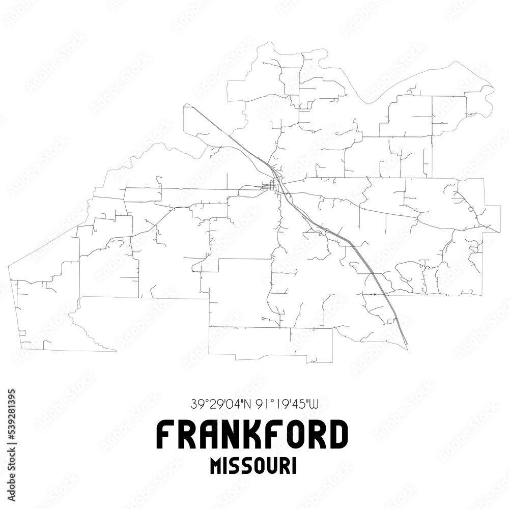 Frankford Missouri. US street map with black and white lines.