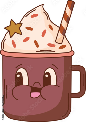 Groovy Christmas hot cocoa vector illustration. Retro mascot character clipart