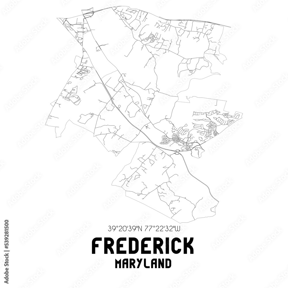 Frederick Maryland. US street map with black and white lines.