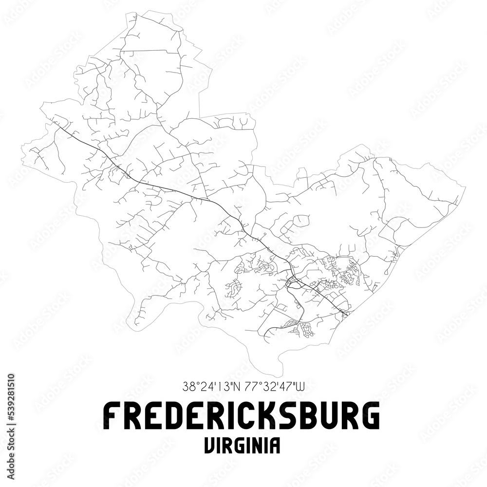 Fredericksburg Virginia. US street map with black and white lines.