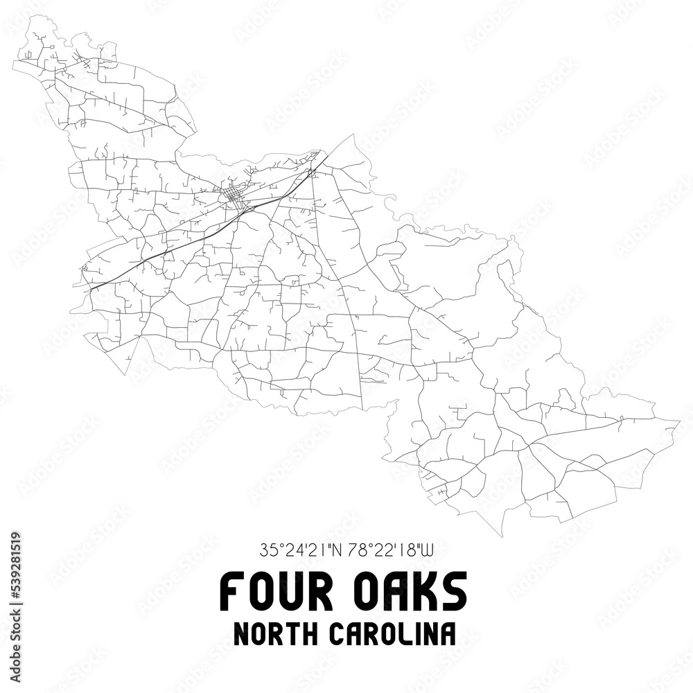 Four Oaks North Carolina. US street map with black and white lines.