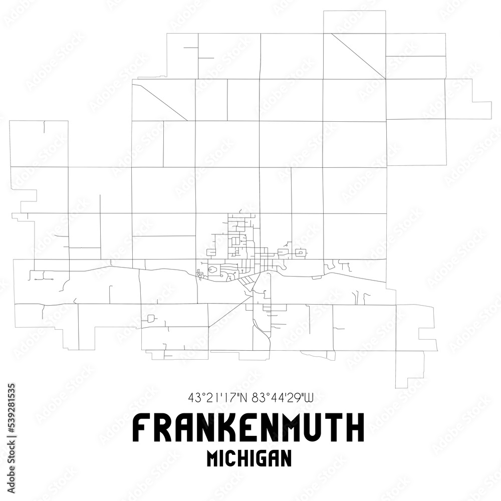 Frankenmuth Michigan. US street map with black and white lines.